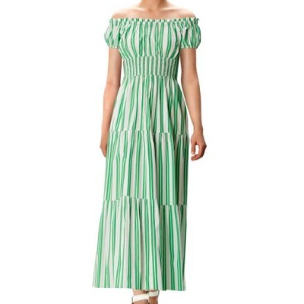 eShakti Wayward Fancies Off-theshoulder Stripe Cotton Poplin Smocked Waist Dress